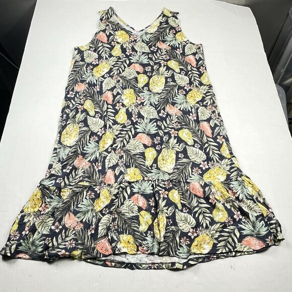 J.Jill Flounced Hem Double V-Neck Knit Dress Tropical Fruit Print Boho Casual M - Picture 1 of 10